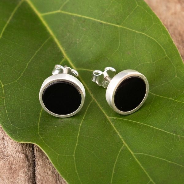 Alternate image for Round Black Onyx and Sterling Silver Stud Earrings Midnight Soiree