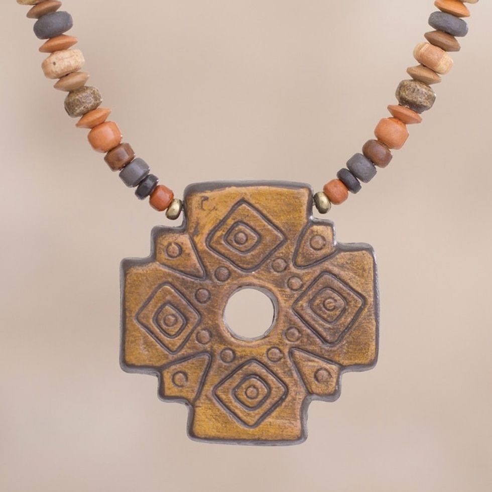 Chakana Cross Ceramic Beaded Pendant Necklace from Peru 'Sun Chakana'