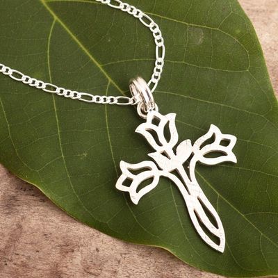 Alternate image for Textured Silver Floral Cross Necklace Tulip Cross