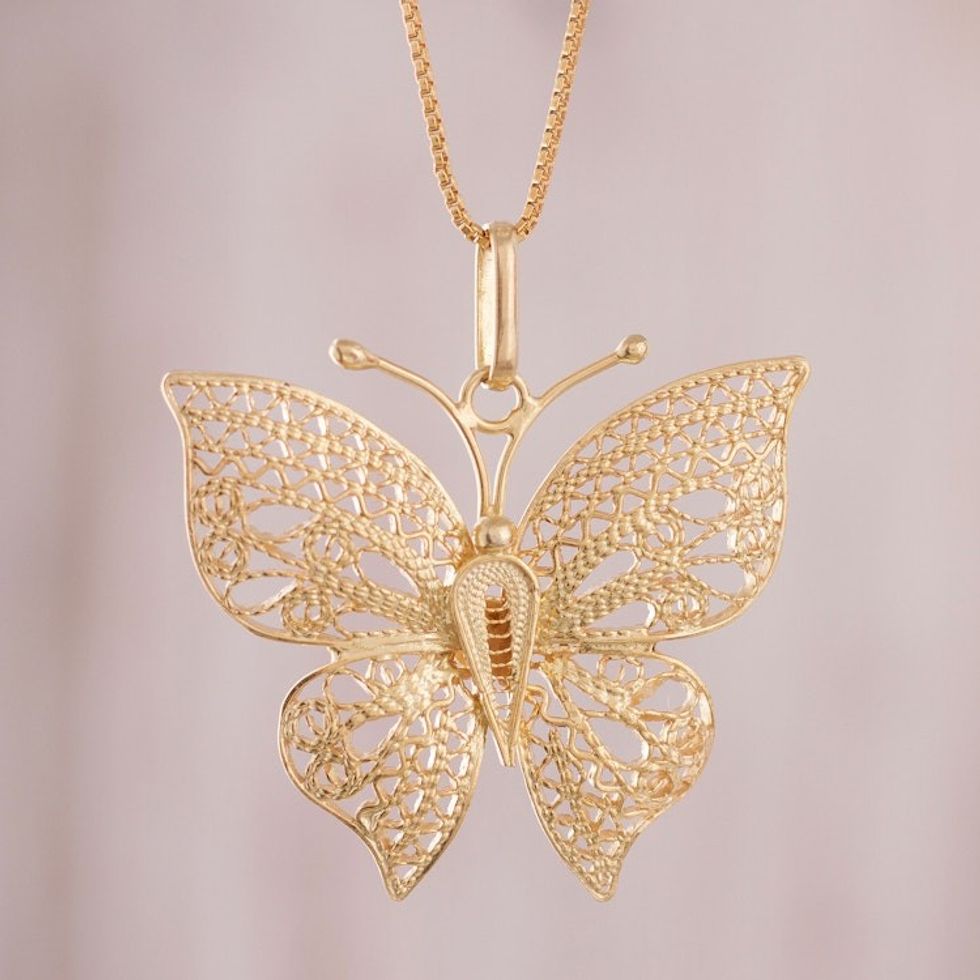 Gold Plated Sterling Silver Filigree Butterfly Necklace 'Majestic Flight'