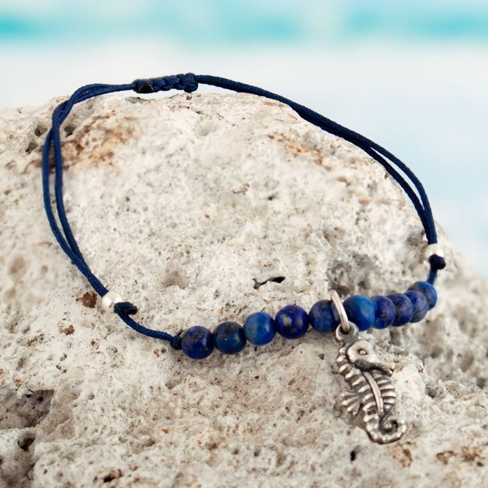 Lapis Lazuli Beaded Pendant Anklet with Seahorse Charm 'Royal Seahorse'