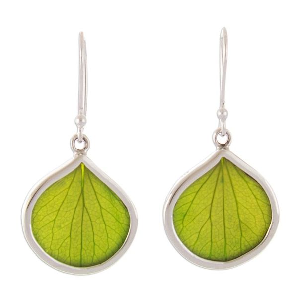 Alternate image for Sterling Silver and Green Leaf Dangle Earrings from Peru Spring Green Hydrangea
