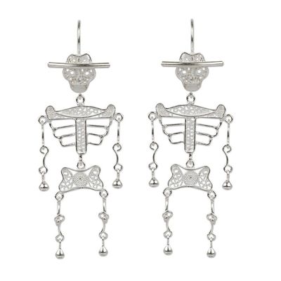 Alternate image for Day of the Dead Sterling Silver Filigree Earrings from Peru Dancing Skeleton