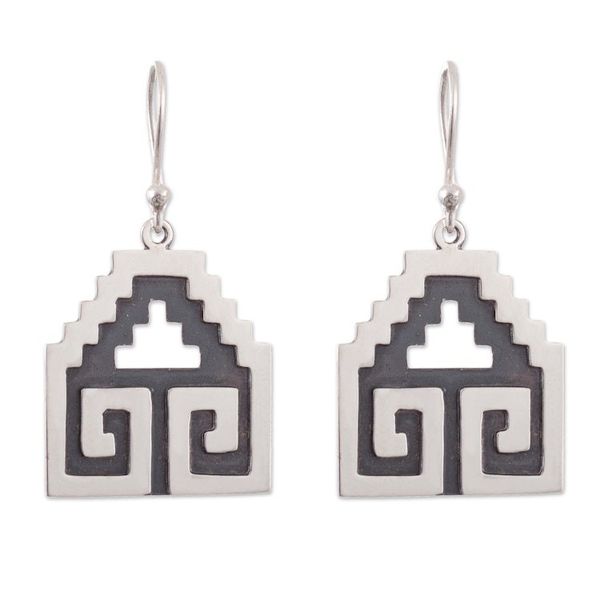 Alternate image for Traditional Moche Sterling Silver Dangle Earrings from Peru Moche Geometry