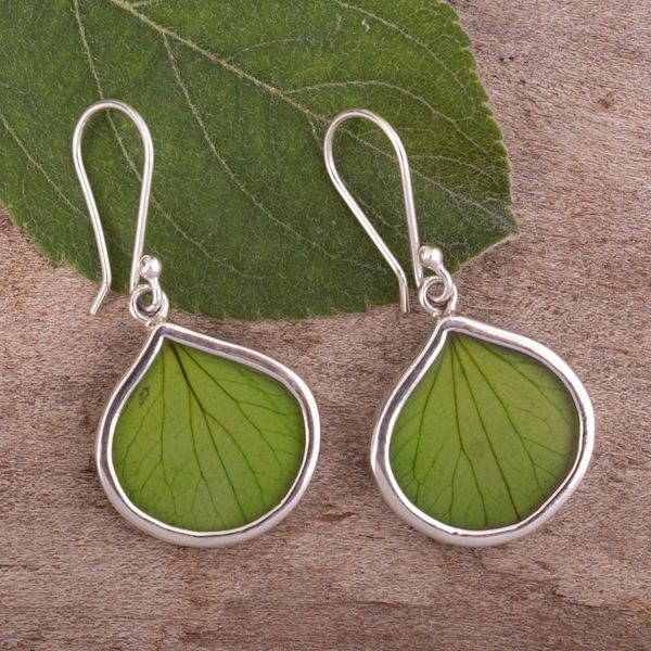 Alternate image for Sterling Silver and Green Leaf Dangle Earrings from Peru Spring Green Hydrangea