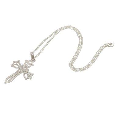 Alternate image for Textured Silver Floral Cross Necklace Tulip Cross