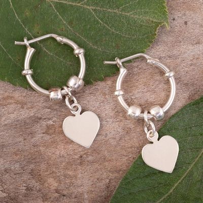 Alternate image for Polished Sterling Hoop Dangle Earrings Heart Center