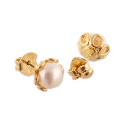 Alternate image for 18k Gold-Plated Stud Earrings with White Cultured Pearls Golden Moonshine Charm