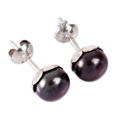Alternate image for Handcrafted Black Cultured Pearl Stud Earrings Black Nascent Flower