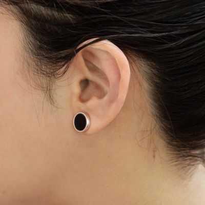 Alternate image for Round Black Onyx and Sterling Silver Stud Earrings Midnight Soiree