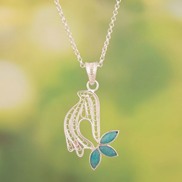 Alternate image for Sterling Silver Filigree Dove Necklace with Amazonite Gem Peace in Flight