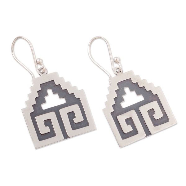 Alternate image for Traditional Moche Sterling Silver Dangle Earrings from Peru Moche Geometry