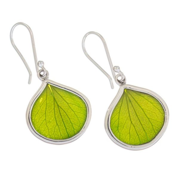 Alternate image for Sterling Silver and Green Leaf Dangle Earrings from Peru Spring Green Hydrangea