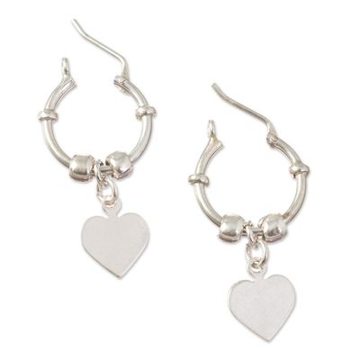 Alternate image for Polished Sterling Hoop Dangle Earrings Heart Center