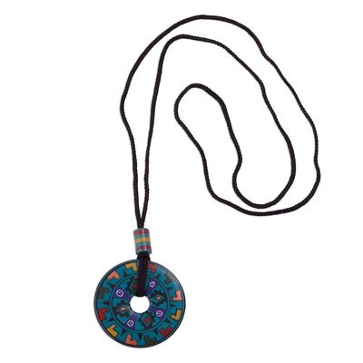 Alternate image for Hand Painted Blue Multicolored Ceramic Pendant Necklace Garden of the Sun