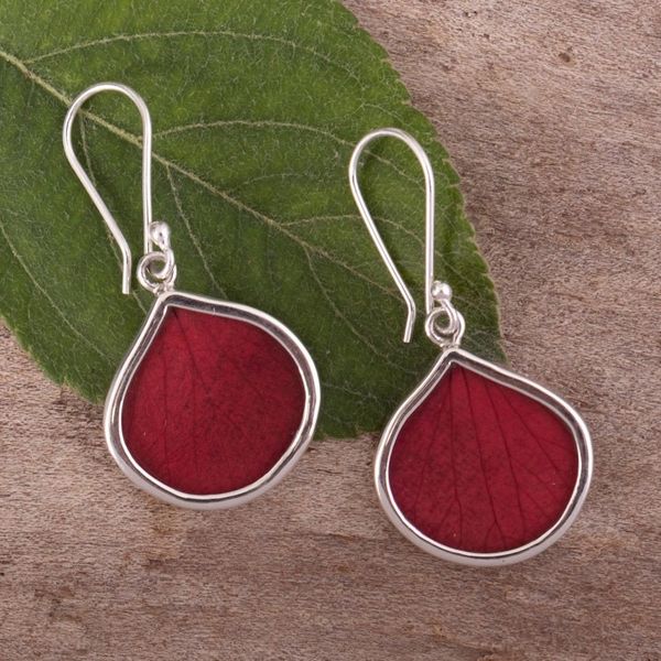 Alternate image for Sterling Silver and Red Leaf Dangle Earrings from Peru Red Hydrangea