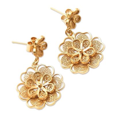 Alternate image for Gold Plated Filigree Handmade Flower Dangle Earrings Yellow Rose