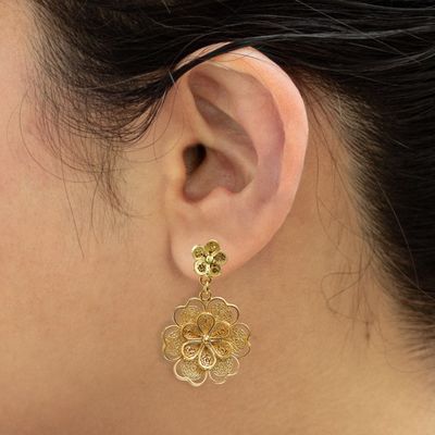 Alternate image for Gold Plated Filigree Handmade Flower Dangle Earrings Yellow Rose