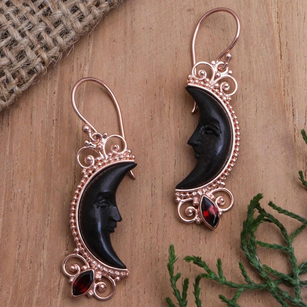 Rose Gold-Plated Garnet Dangle Earrings 'Moonlit Shadow'