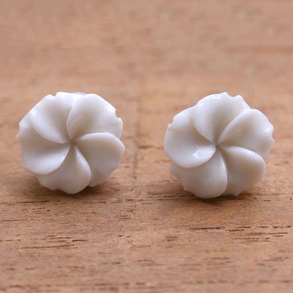 Frangipani Flower Bone Stud Earrings from Bali 'Glorious Jepun'