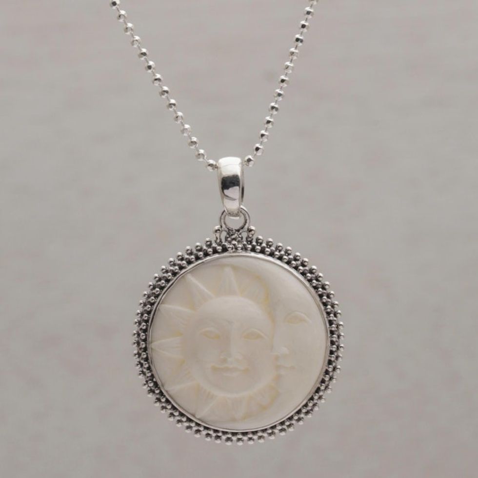 Sterling Silver and Bone Sun and Moon Necklace from Bali 'Stellar Lovers'