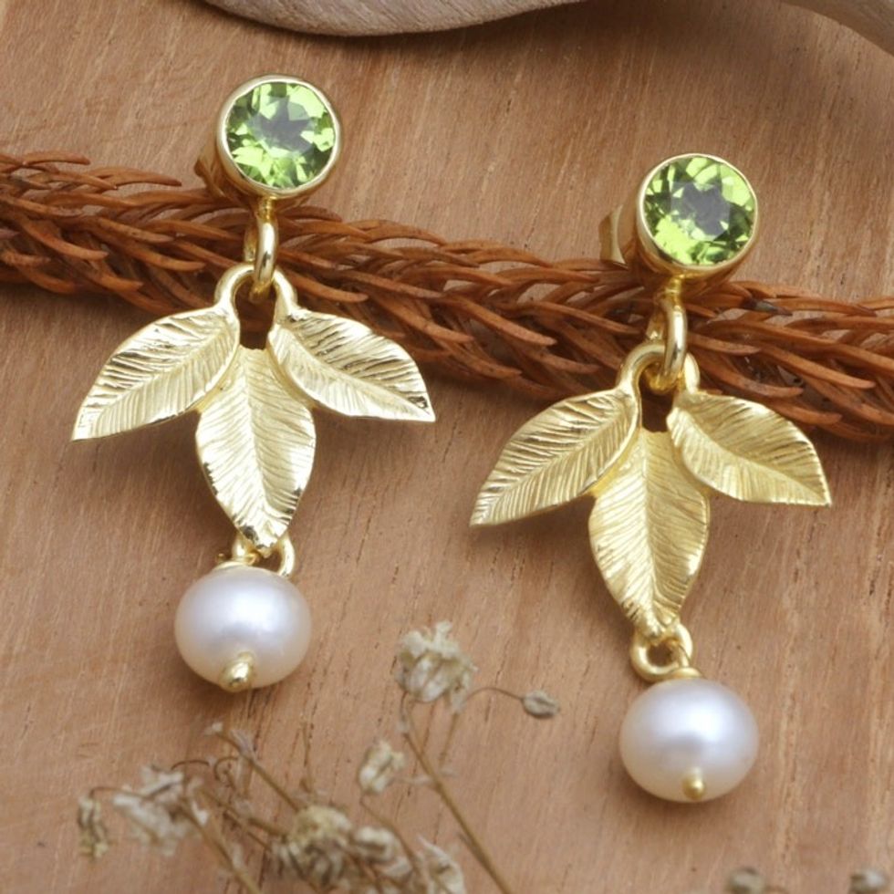 18k Gold-Plated Dangle Earrings with Pearls and Peridot Gems 'Forest Illumination'