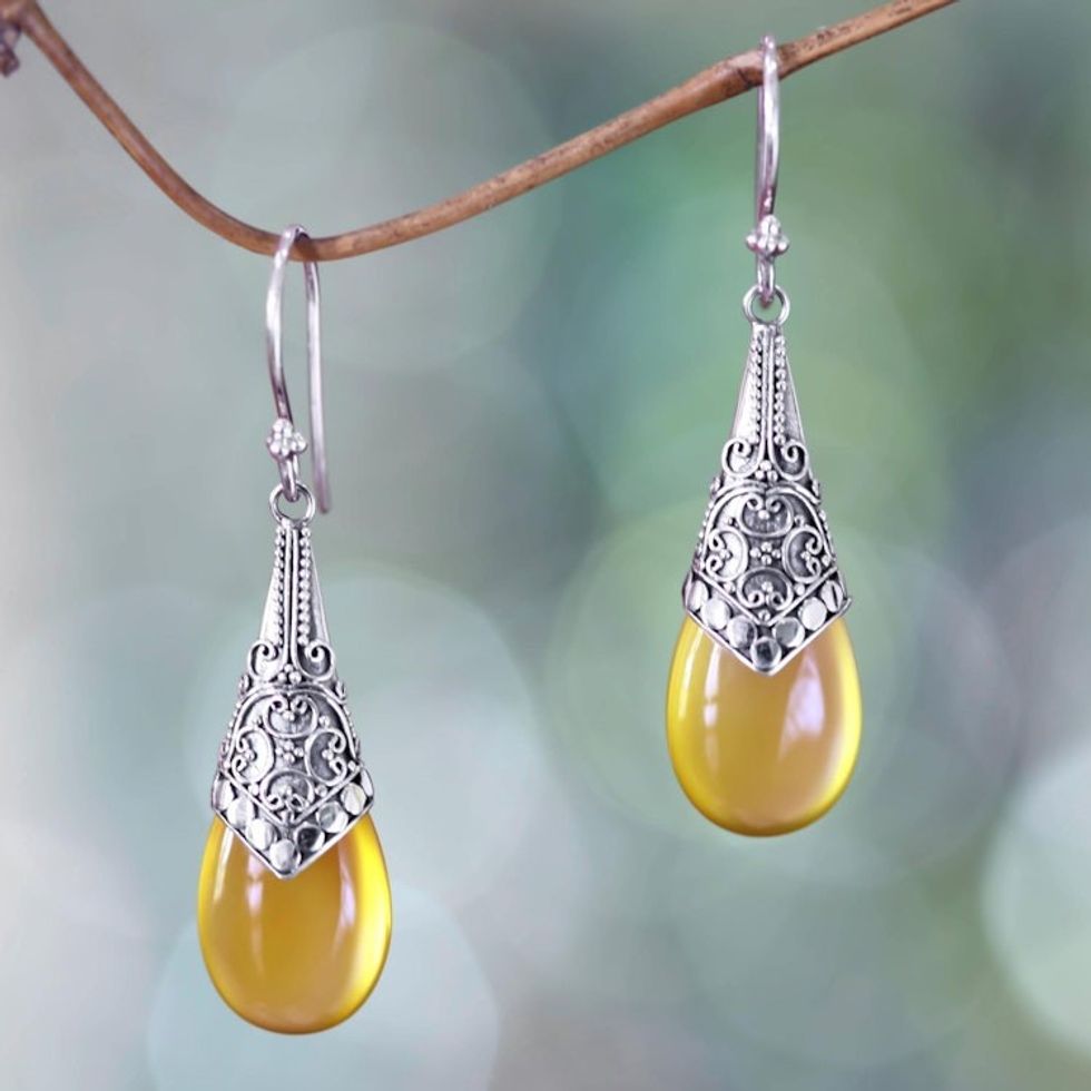 Balinese Sterling Silver and Yellow Chalcedony Earrings 'Puncak Jaya in Yellow'