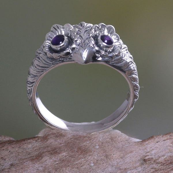 Alternate image for Amethyst and Silver Bird Ring Owl Wisdom