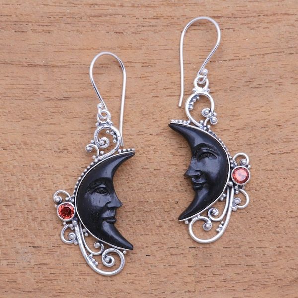 Alternate image for Garnet and Black Horn Crescent Moon Dangle Earrings Face of Midnight