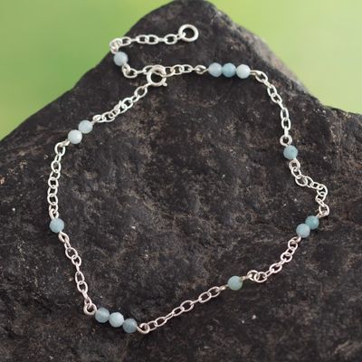 Alternate image for Sterling Silver Station Anklet with Aquamarine Stone Caribbean Sea