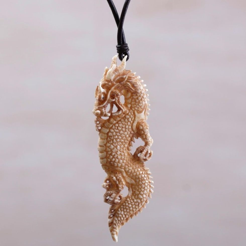 Bone and Leather Dragon Pendant Necklace from Indonesia 'Thorny Dragon'
