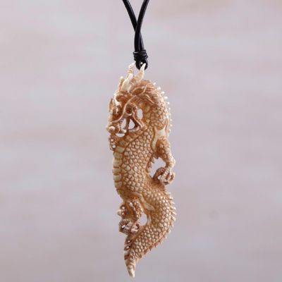 Alternate image for Bone and Leather Dragon Pendant Necklace from Indonesia Thorny Dragon