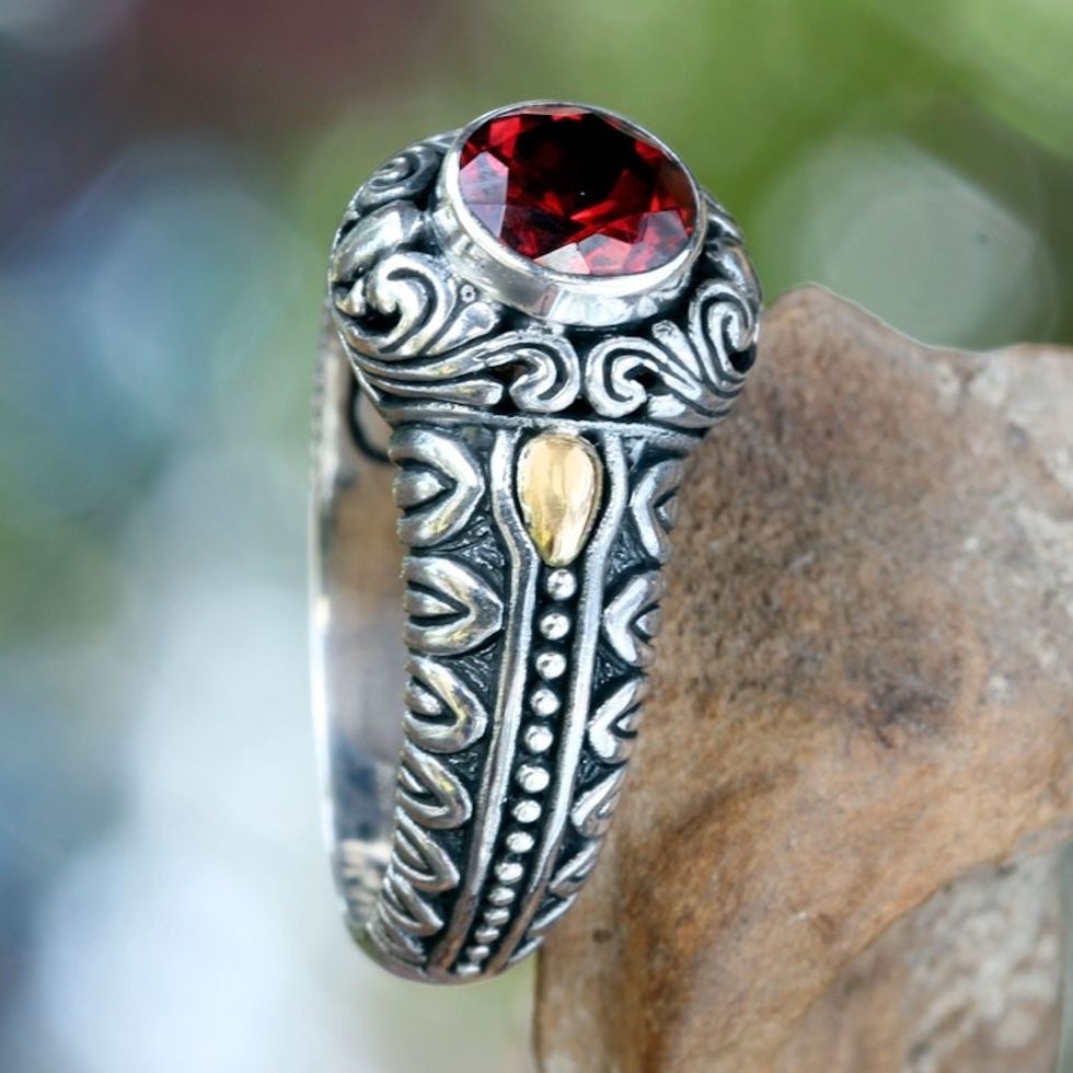 Garnet and Gold Accented Silver Cocktail Ring 'Crimson Treasure'