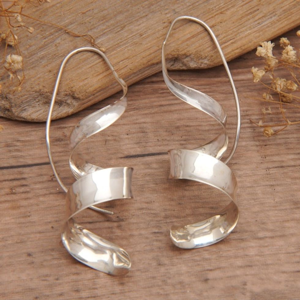 High Polished Curled Sterling Silver Drop Earrings from Bali 'Divine Curls'
