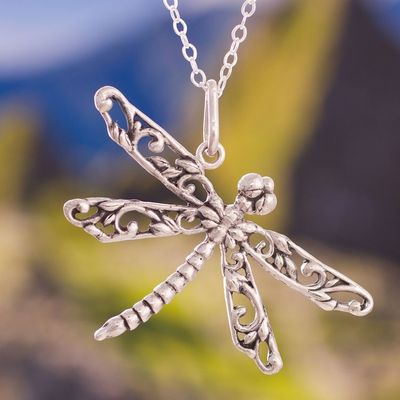 Alternate image for Artisan Crafted Silver Dragonfly Necklace from Peru Wings of the Dragonfly