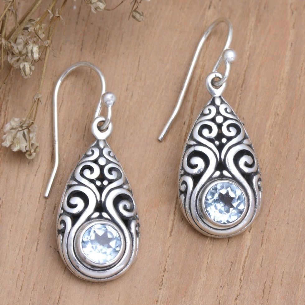 Sterling Silver Dangle Earrings with Blue Topaz Stones 'Tears of Truth'