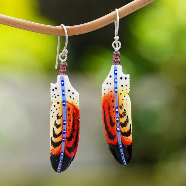 Alternate image for Handcrafted Red Feather Dangle Earrings with Garnet Beads Courage Feathers