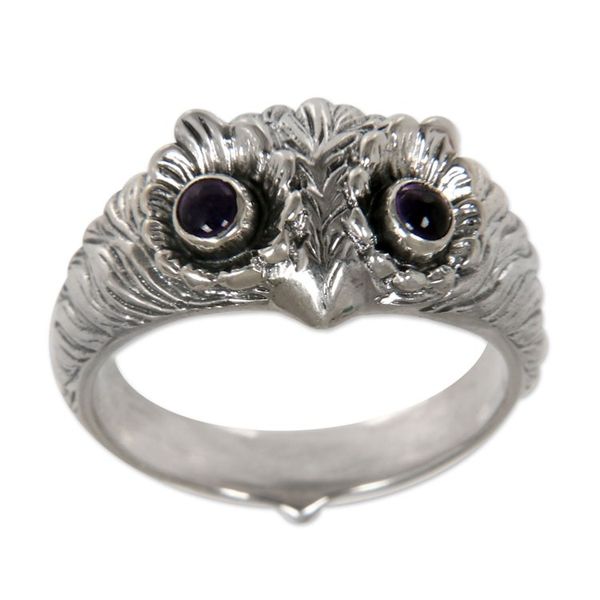 Alternate image for Amethyst and Silver Bird Ring Owl Wisdom