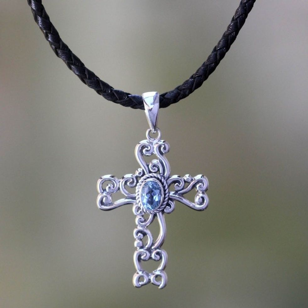 Unique Indonesian Sterling Silver and Blue Topaz Necklace 'Balinese Cross'