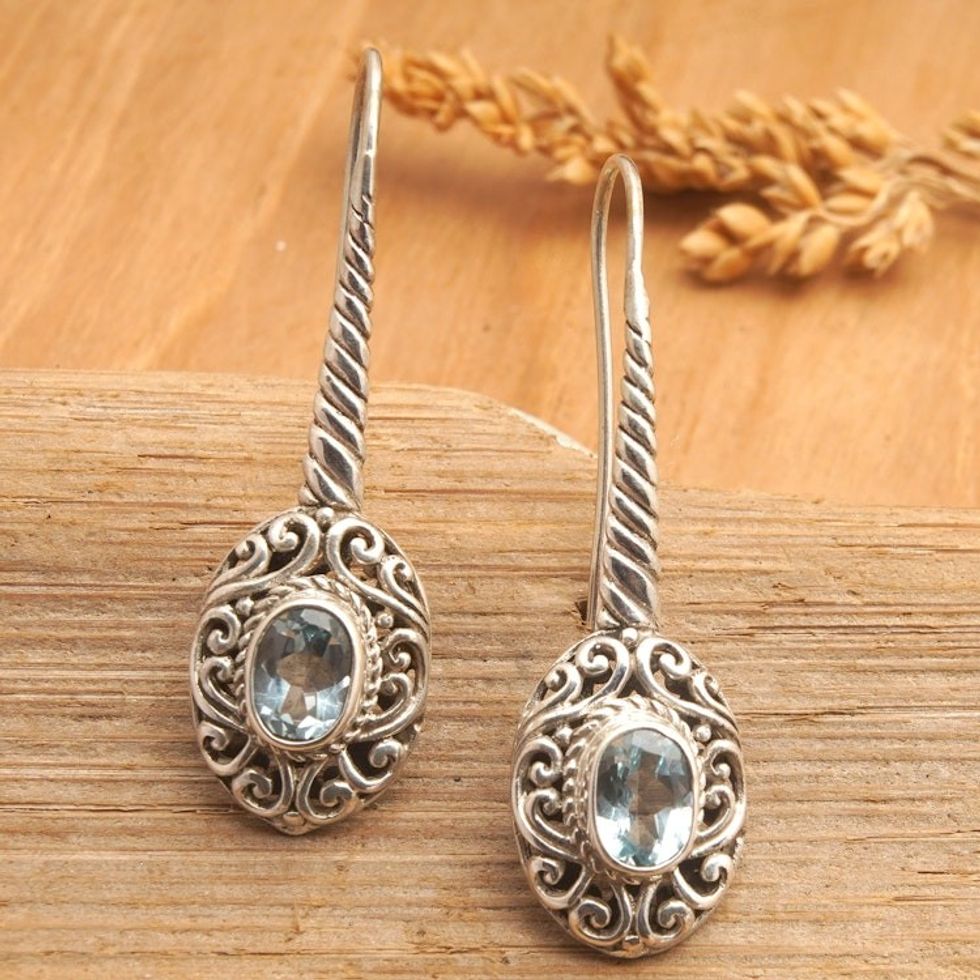 Sterling Silver Drop Earrings with Faceted Blue Topaz Gems 'Faithful's Charm'