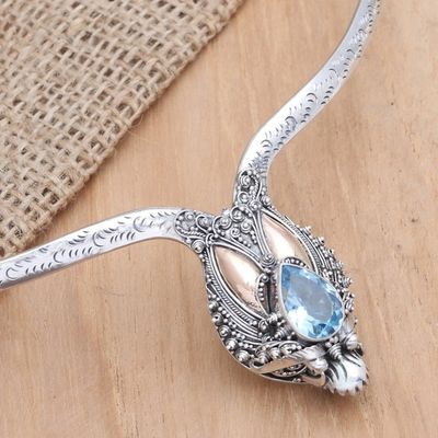 Alternate image for Handmade Dragon Motif Gold-Accent Blue Topaz Collar Necklace Basuki in Flight