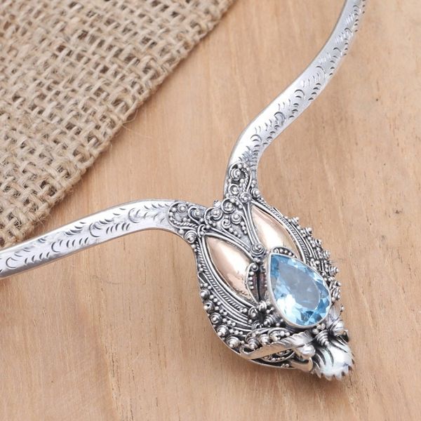 Alternate image for Handmade Dragon Motif Gold-Accent Blue Topaz Collar Necklace Basuki in Flight