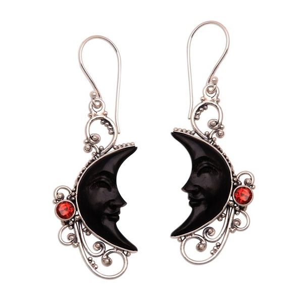 Alternate image for Garnet and Black Horn Crescent Moon Dangle Earrings Face of Midnight