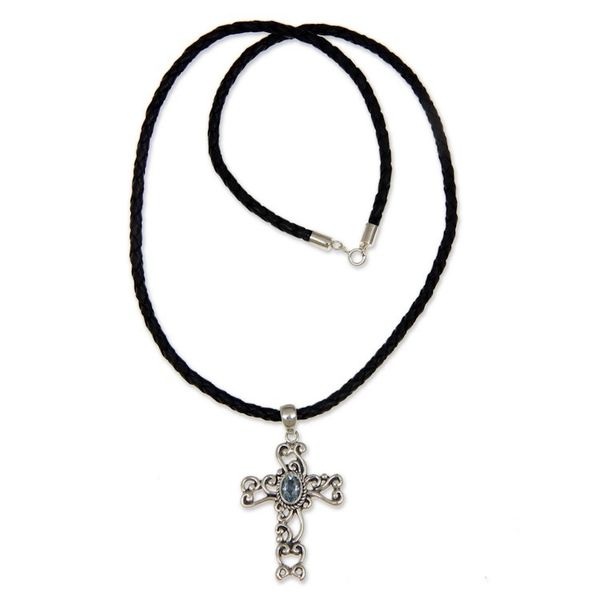 Alternate image for Unique Indonesian Sterling Silver and Blue Topaz Necklace Balinese Cross