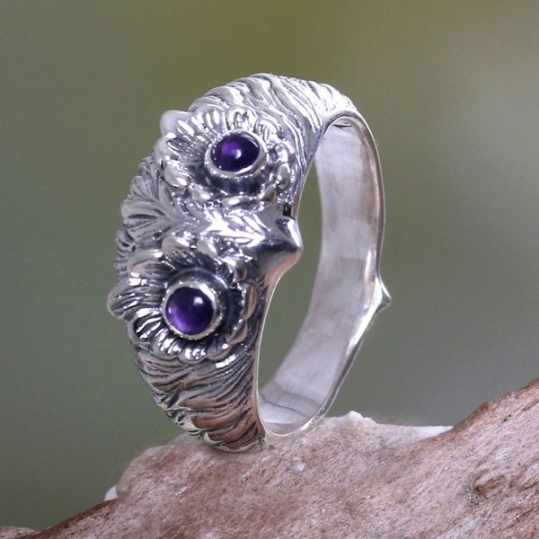 Alternate image for Amethyst and Silver Bird Ring Owl Wisdom