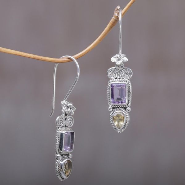 Alternate image for Amethyst and Citrine Floral Dangle Earrings from Bali Colorful Roots