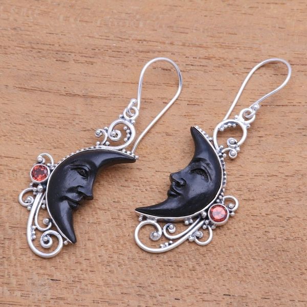 Alternate image for Garnet and Black Horn Crescent Moon Dangle Earrings Face of Midnight
