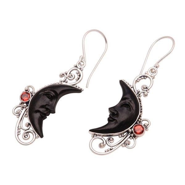 Alternate image for Garnet and Black Horn Crescent Moon Dangle Earrings Face of Midnight