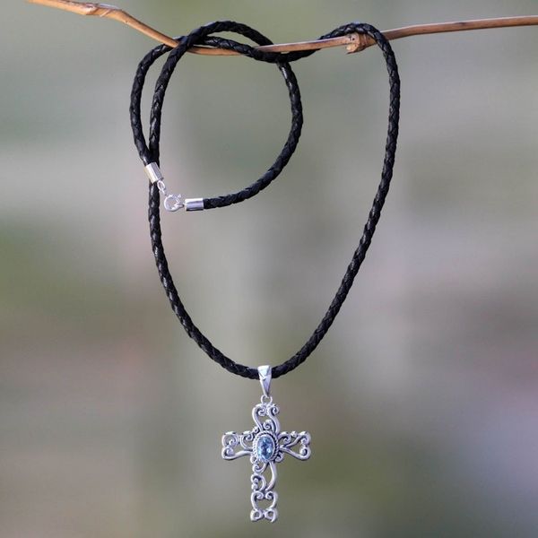 Alternate image for Unique Indonesian Sterling Silver and Blue Topaz Necklace Balinese Cross