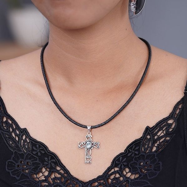 Alternate image for Unique Indonesian Sterling Silver and Blue Topaz Necklace Balinese Cross
